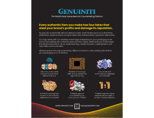 Here's a copy of the print advertisement that Genuiniti published in a popular industry magazine's September 2022 Buyer's Guide focused on product security. It highlights a subset of benefits of the Genuiniti technology and areas in which it excels over its competition.